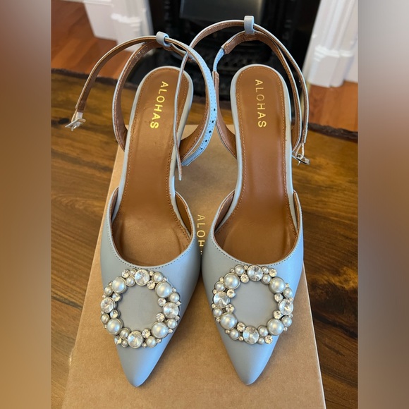 ALOHAS Cinderella Crystal Baby Blue Leather Pumps Heels Size 37 - Picture 7 of 14
